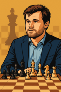 Portrait of Magnus Carlsen at the chessboard; he is sitting in a dark blue jacket against a backdrop of golden chess silhouettes, with black and white pieces placed in front of him.