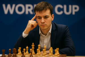 A young man in a business suit thoughtfully looks at a chessboard during a tournament game, with a blue banner reading ‘World Cup’ in the background.