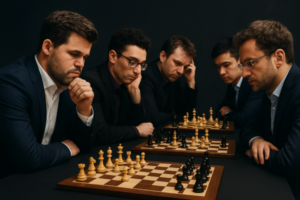Chess tournament scene: several players sitting at boards in a brightly lit hall, with cameras and spectators in the background creating the atmosphere of a major event.