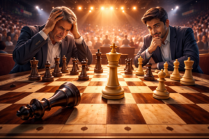 Dramatic chess endgame where a losing position is saved by a clever drawing trick, intense emotions of two players at the board during a decisive moment