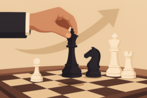Flat digital illustration of a chessboard with large pieces in the foreground and a player making a thoughtful move at a table.