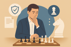 Flat style illustration: a chessboard in neutral tones, with flags floating above it without symbols, symbolizing athletes participating under neutral status.