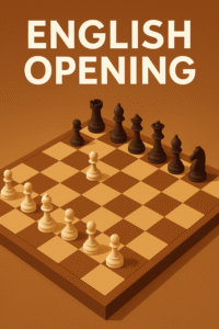 3D render of a chessboard with a queen in the foreground and a soft-focus background, creating an atmosphere of strategic depth in the English Opening