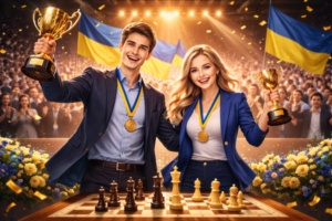 Vladislav Bahmatsky und Tatyana Skarbarchuk feiern ihren Sieg als ukrainische Schachmeister, halten ihre Pokale hoch, mit ukrainischen Fahnen im Hintergrund und einem Schachbrett im Vordergrund