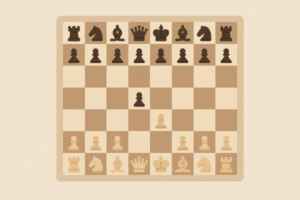 2D-rendered chessboard with black and white pieces arranged in a strategic midgame position, illuminated by soft dramatic lighting.