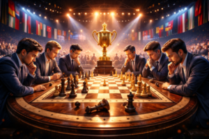 Вісім провідних гросмейстерів на Турнірі претендентів FIDE, у повній концентрації навколо центральної шахівниці, з трофеєм як символом боротьби за право виклику чемпіона світу