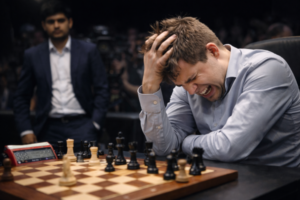 Magnus Carlsen sitting at a chessboard during a tournament, focused on the game with chess pieces in front of him.