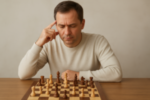 Digital illustration of a middle-aged person sitting at a chessboard, contemplating a move; calm atmospheric scene with soft lighting