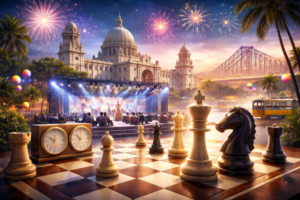 Chess illustration of Tata Steel Chess India Rapid & Blitz 2026 in Kolkata featuring a chessboard, pieces, city landmarks, and tournament atmosphere in India
