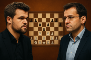 Modern chess-style illustration: Magnus Carlsen and Levon Aronian standing on opposite sides of a chessboard with dynamic abstract lines between them, symbolizing the intense Freestyle Chess final.