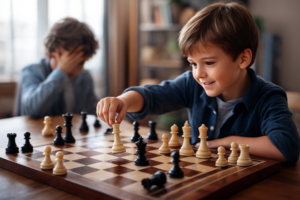A child delivering a checkmate on a chessboard, finishing the game with confidence against another child in a bright, friendly environment
