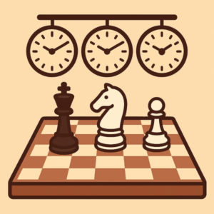 Illustration of a chessboard with pieces and three clocks on top, symbolizing time control and the 40-40-20 rule in chess.