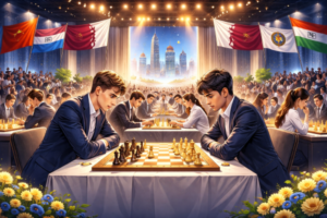 Elite chess players competing at the World Rapid and Blitz Chess Championship 2025 in Doha, intense match atmosphere inside a large tournament hall with spectators and city skyline in the background