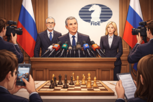Напівреалістична ілюстрація пресконференції у шаховому контексті: офіційний спікер на тлі шахових символів і прапорів, що передає атмосферу дискусії щодо міжнародного рішення, пов’язаного з FIDE та допуском російських шахістів.