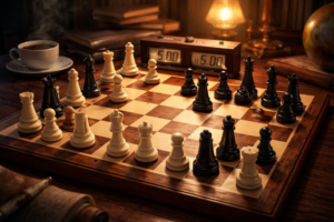 Close-up of a Chess960 setup on a polished wooden board, with black and white pieces arranged randomly. The chess clock shows 5:00 for both players, and the background includes a warm lamp, a cup of coffee, and vintage books, creating a cozy and focused atmosphere.