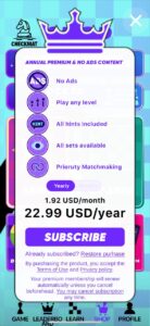 Checkmat Premium subscription screen with a list of benefits: ad-free experience, access to all levels, all hints and packs, priority opponent matching, and an annual price of 22.99 USD