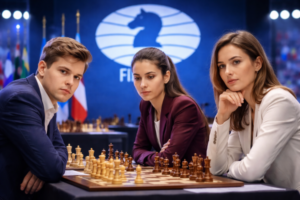 Three professional chess players at a tournament board in a FIDE playing hall, a focused atmosphere of a major international competition