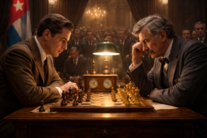 José Raúl Capablanca and Emanuel Lasker in a tense moment during the 1921 World Chess Championship, set in a grand hall with a crowd watching. Capablanca, focused and deep in thought, faces Lasker, who rests his forehead on his hand, contemplating the next move. The chessboard and clock are illuminated by a green lamp."