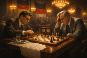 World Chess Championship 1957 match in Moscow: Vasily Smyslov at the chessboard with the tournament hall and spectators in the background