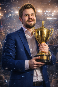 Magnus Carlsen стоїть у центрі чемпіонської зали з золотим трофеєм у руках, навколо падає конфеті, яскраве світло та розмите глядацьке тло.