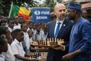 Während seines Besuchs in Benin spricht der FIDE-Direktor für Schachentwicklung mit lokalen Vertretern und Schulkindern, die Schach spielen, und unterstützt damit das Wachstum des Spiels im Land.