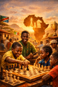 Illustration eines Straßenschachspiels in einer afrikanischen Stadt: Ein Junge zieht eine Figur auf dem Brett, während andere Kinder und ein junger Mann das Spiel interessiert beobachten; im Hintergrund sind ein warmer Sonnenuntergang und eine lebendige Straße zu sehen.