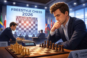 Иллюстрация турнира Freestyle Chess 2026: на переднем плане шахматист напряжённо анализирует позицию за доской, а на фоне виден большой экран с обозначением 2026, зрители и другие участники соревнования.