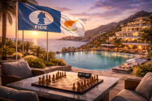 Illustration eines luxuriösen Austragungsorts für ein Schachturnier auf Zypern: Ein Schachbrett steht auf einer Terrasse an einem Pool mit Meerblick, im Hintergrund sind Palmen, ein Hotel und Flaggen zu sehen, die das Thema des Turnierortes unterstreichen.