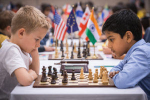 Zwei junge Schachspieler sind bei einem internationalen Kinderturnier tief auf ihre Partie am Brett konzentriert, während im Hintergrund Flaggen verschiedener Länder und andere Teilnehmer zu sehen sind.
