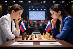 Дві шахістки напружено дивляться одна на одну через шахівницю під час елітного турніру, а на столі лежать фігури, прапори та бланки запису партії.