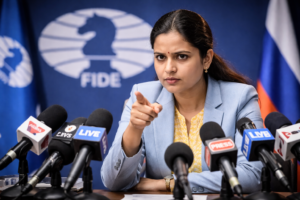 Humpy Koneru spricht auf einer angespannten Pressekonferenz vor mehreren Mikrofonen und reagiert scharf auf die Situation rund um die FIDE; im Hintergrund sind Symbole der Organisation und Flaggen zu sehen.