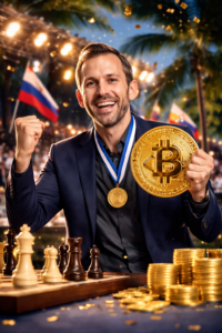Ein Großmeister feiert den Sieg bei einem internationalen Schachturnier und hält einen großen symbolischen Bitcoin in den Händen; im Vordergrund sind Schachfiguren und Goldmünzen zu sehen, im Hintergrund die helle Atmosphäre eines tropischen Turniers.