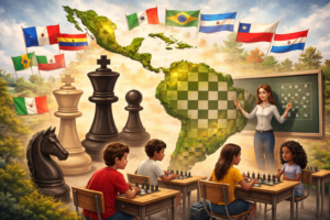 Eine Lehrerin leitet eine Schachstunde für Kinder vor einer stilisierten Karte Lateinamerikas, mit großen Schachfiguren und regionalen Flaggen, die die langfristige Entwicklung des Schachs durch Bildung betonen.