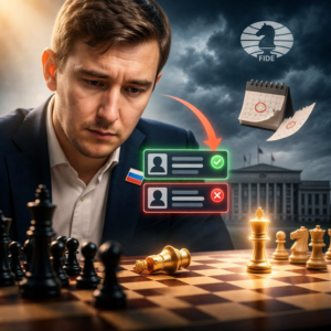 A grandmaster stands confidently in a tournament hall; in front of him a chessboard with a toppled king, creating a dramatic, tense atmosphere.