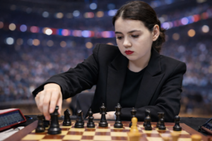 Aleksandra Goryachkina führt während einer Partie bei einem internationalen Turnier konzentriert einen Zug mit einer schwarzen Figur aus.