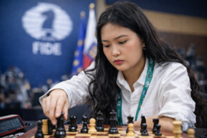 Bibisara Assaubayeva führt während einer Partie bei einem internationalen FIDE-Turnier konzentriert einen Zug mit einer schwarzen Figur aus.