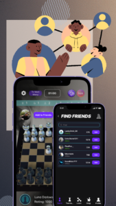Illustration der CheckMat-Mobil-App: Auf dem Bildschirm ist eine Schachpartie mit der Funktion „Zu Freunden hinzufügen“ zu sehen, daneben eine Freundessuche und eine Grafik mit Spielern, die in einem Netzwerk verbunden sind.