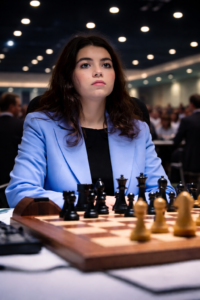 Uma jovem enxadrista de blazer azul-claro está sentada diante do tabuleiro em um salão de torneio bem iluminado, olhando para a frente com grande concentração, enquanto as peças em primeiro plano criam a atmosfera de uma partida séria.