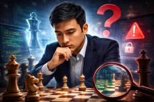 Um jovem enxadrista de terno está concentrado diante do tabuleiro, enquanto ao seu redor há telas com dados digitais, uma lupa e símbolos de alerta, criando uma atmosfera de mistério e suspeita em torno da partida.