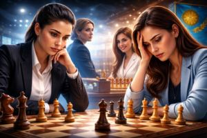 Two female chess players are deeply analyzing the position at the board during a tournament; one looks confident and calm, the other tense and tired. Other participants and the atmosphere of the event can be seen in the background.