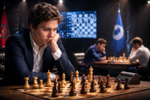 A young chess player in a dark blue jacket is deeply focused on his next move at the board during a major tournament; chess pieces and a chess clock stand nearby, while lights, spectators, and the atmosphere of the playing hall are blurred in the background.