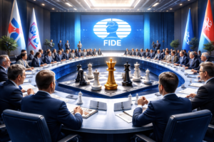 Participants in an international chess meeting sit around a large round table in a modern conference hall, while a chessboard with large pieces is placed at the center of the composition, symbolizing major decisions for the world of chess.