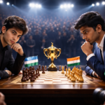 Two young chess players sit opposite each other at the board under bright spotlights, with a trophy and flags placed between them, creating the atmosphere of a decisive match for the world crown.