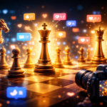 Chess pieces stand on a brightly lit board, surrounded by floating icons of likes, comments, and notifications, while the king and queen stand out visually as the main centers of attention in a digital atmosphere.