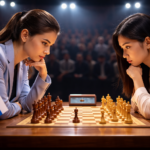 Two female chess players sit opposite each other in deep concentration at the board under bright spotlights, with small flags beside them emphasizing the international character of the tense game.