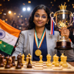 Una ajedrecista india con gafas y blazer gris sostiene con confianza un trofeo y una medalla mientras está sentada frente a un tablero de ajedrez; al fondo se ve la bandera de la India y un ambiente festivo con confeti cayendo.