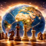 Chess pieces stand on a board in front of a large glowing globe connected by bright lines between different regions of the world, creating an image of the global spread of chess.