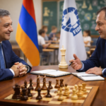 Two men in business suits discuss the development of chess education at a table with a chessboard and notes, while flags, a classroom, and an educational atmosphere are visible in the background.