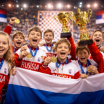 A group of young chess players in sports uniforms happily hold medals, trophies, and a large flag after a successful performance at an international tournament, while arena stands and bright lights are visible in the background.