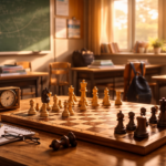 A chessboard with pieces set up stands on a wooden table in a warmly lit classroom, with a chess clock, notebook, and glasses nearby, while desks, books, and a school board are visible in the background.